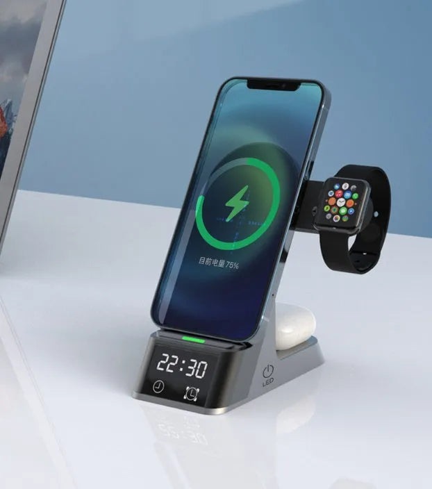 Black multifunctional alarm clock with wireless charging pad, digital display, and Apple Watch charger.