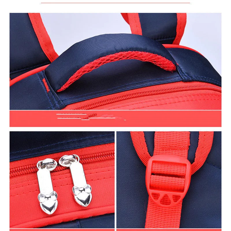 Children's blue cartoon backpack with school books showing internal zipper pocket organisation