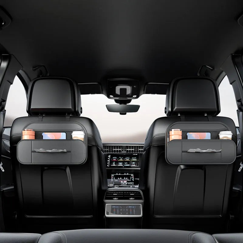 Black leather car seat rear storage bag with dimensions 36x8x24cm showing customisable compartments