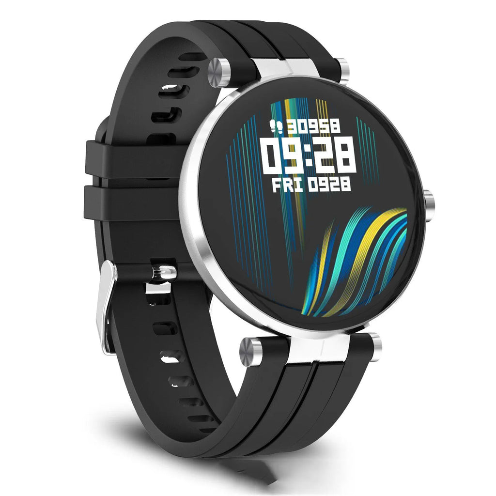 Black smart watch with blood pressure monitor and heart rate tracker on a silicone strap.