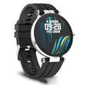 Black smart watch with blood pressure monitor and heart rate tracker on a silicone strap.