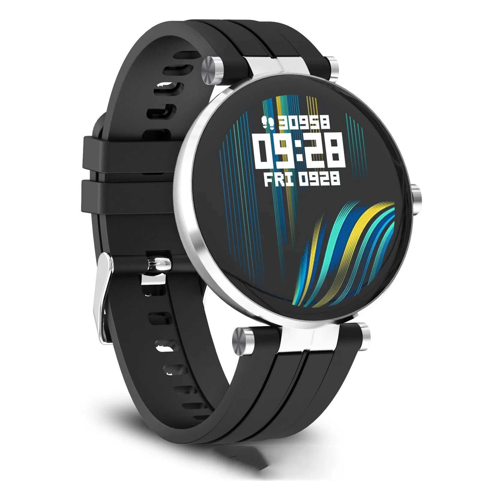 Black smart watch with blood pressure monitor and heart rate tracker on a silicone strap.