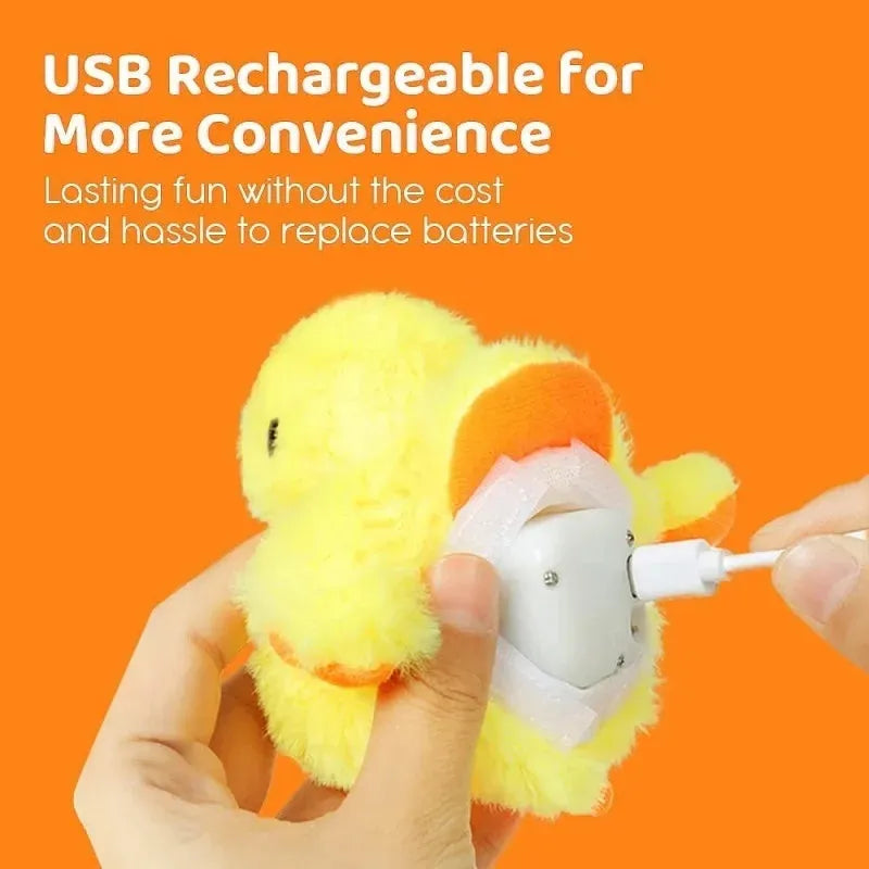 Yellow flapping duck interactive cat toy with removable plush cover and USB charging cable