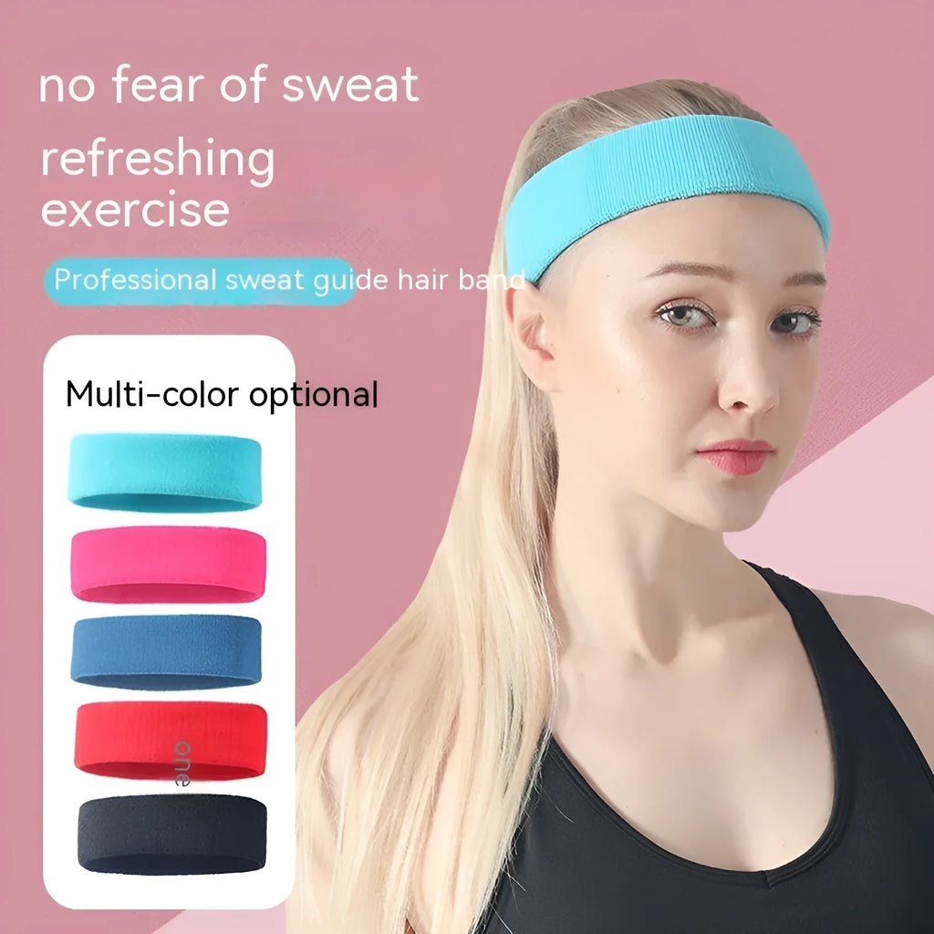A widened solid colour sports headband made from elastic polyester spandex, shown in one of five available colours.