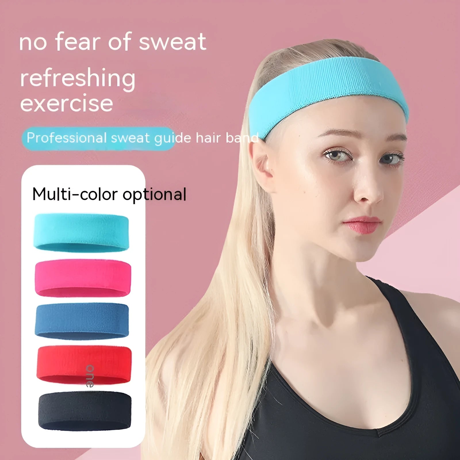 A widened solid colour sports headband made from elastic polyester spandex, shown in one of five available colours.