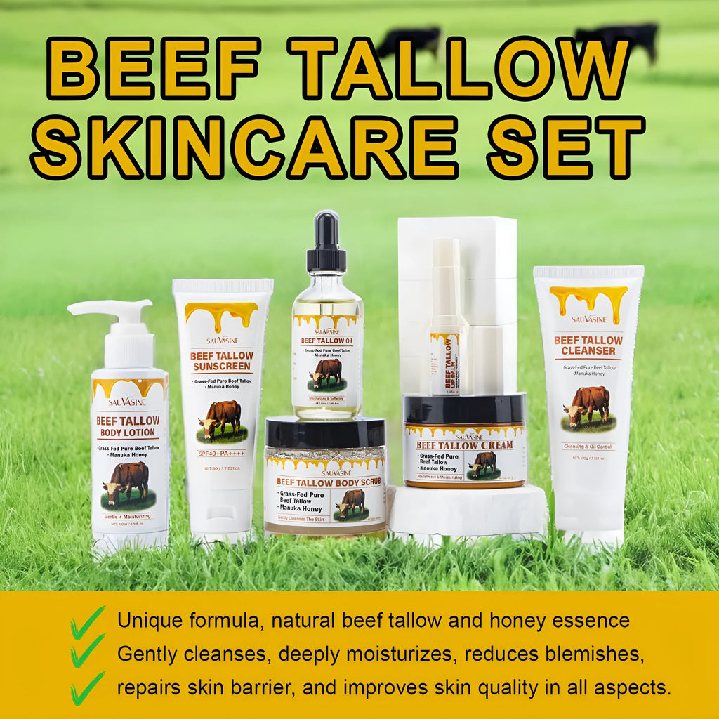 Seven-piece facial care kit with products for cleansing, moisturising, and protection