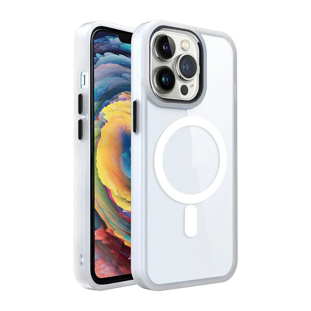 Transparent magnetic silicone iPhone case showing colour options including green, red, and blue