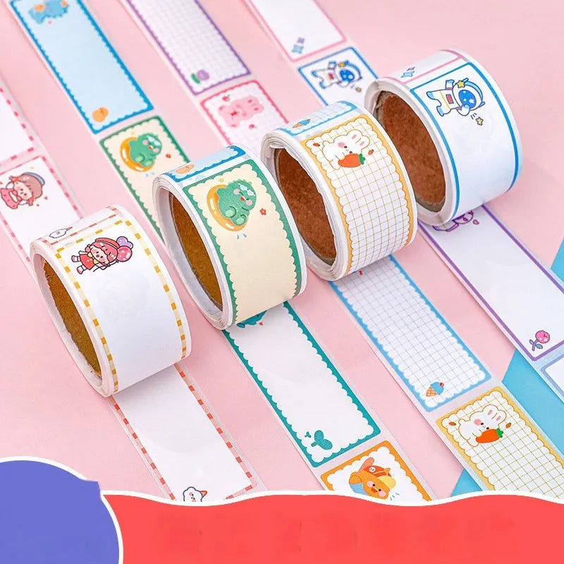 Roll of printed cartoon tape stickers with dinosaur design for labelling books and belongings