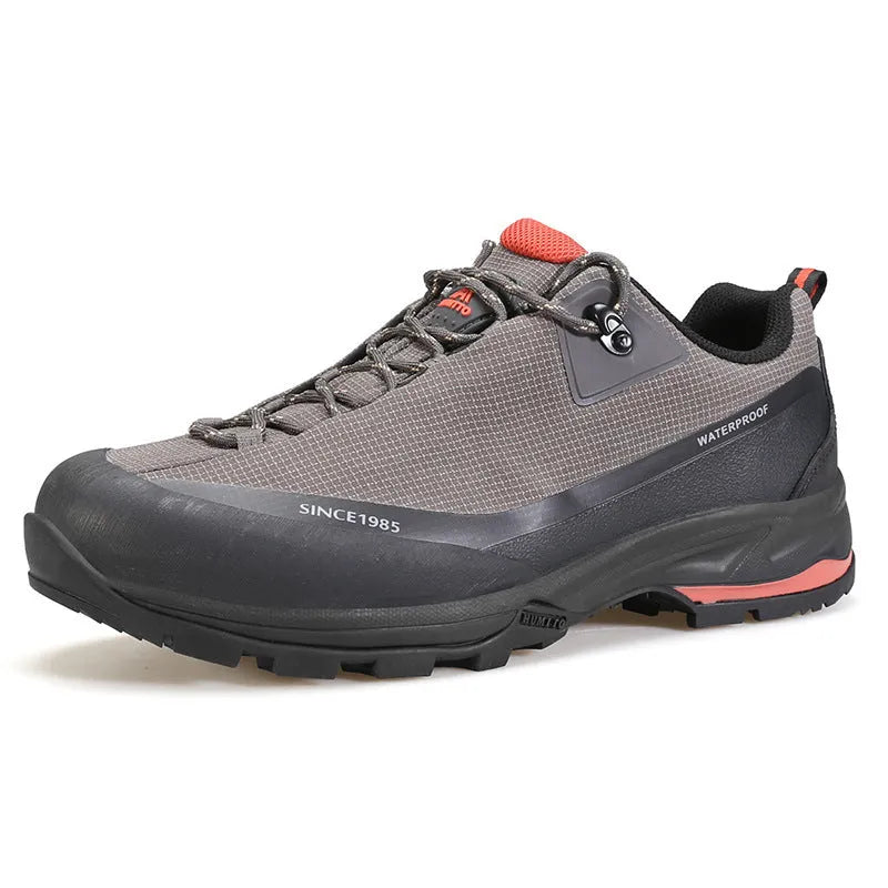 Men's low-top leather mesh hiking boots in black with non-slip rubber sole and lace-up front.