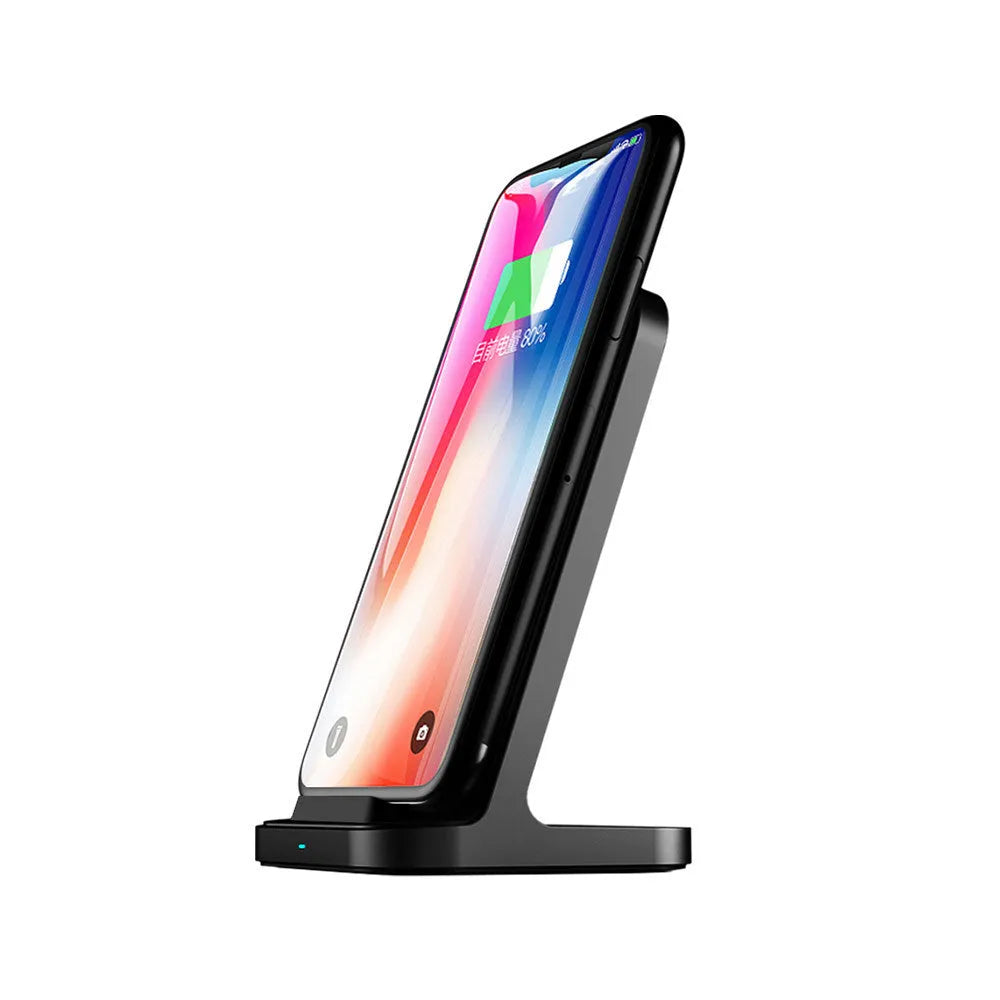 Dark grey vertical wireless charging stand for Apple iPhone on desk
