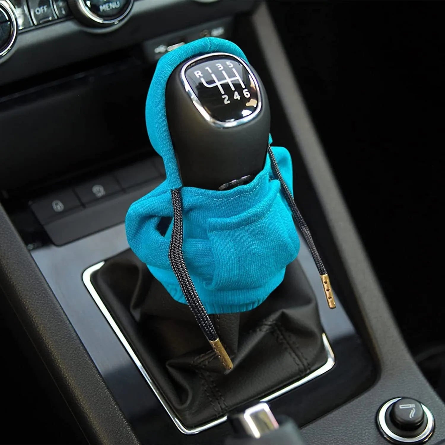Cloth gear shift knob cover in assorted colours, shown with dimensions of 13 cm by 8 cm.