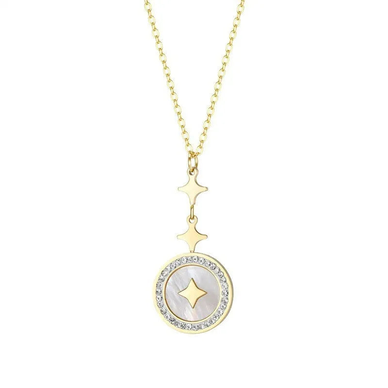 Gold titanium steel necklace with a geometric six-pointed star pendant on an O-ring chain.