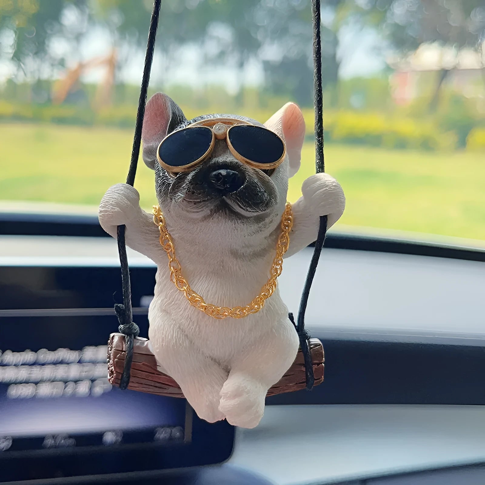 Cartoon-style resin bulldog hanging ornament for car rearview mirror in black colour