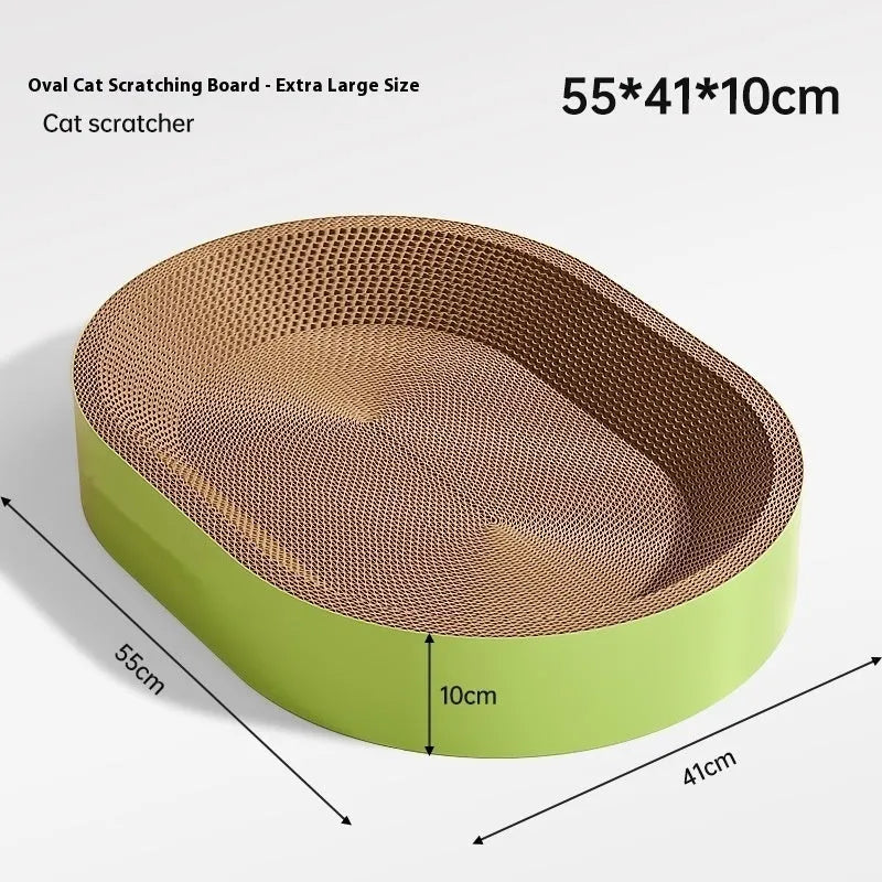 Green oval cat scratch board with built-in nest measuring 55cm in diameter