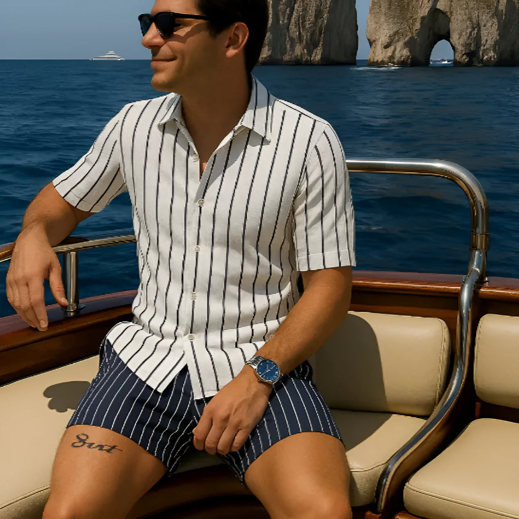 Men's light mature casual style beach shirt and shorts set in four-sided elastic fabric