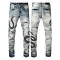 Distressed blue skinny jeans with tapered leg and button fly closure on mid-waist design