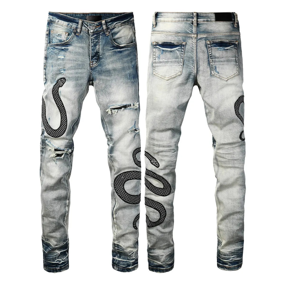 Distressed blue skinny jeans with tapered leg and button fly closure on mid-waist design