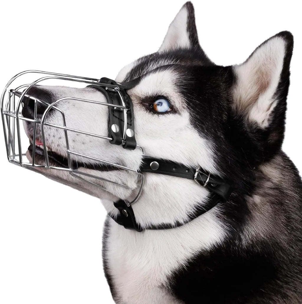 Black metal dog muzzle designed for a golden retriever or German shepherd.