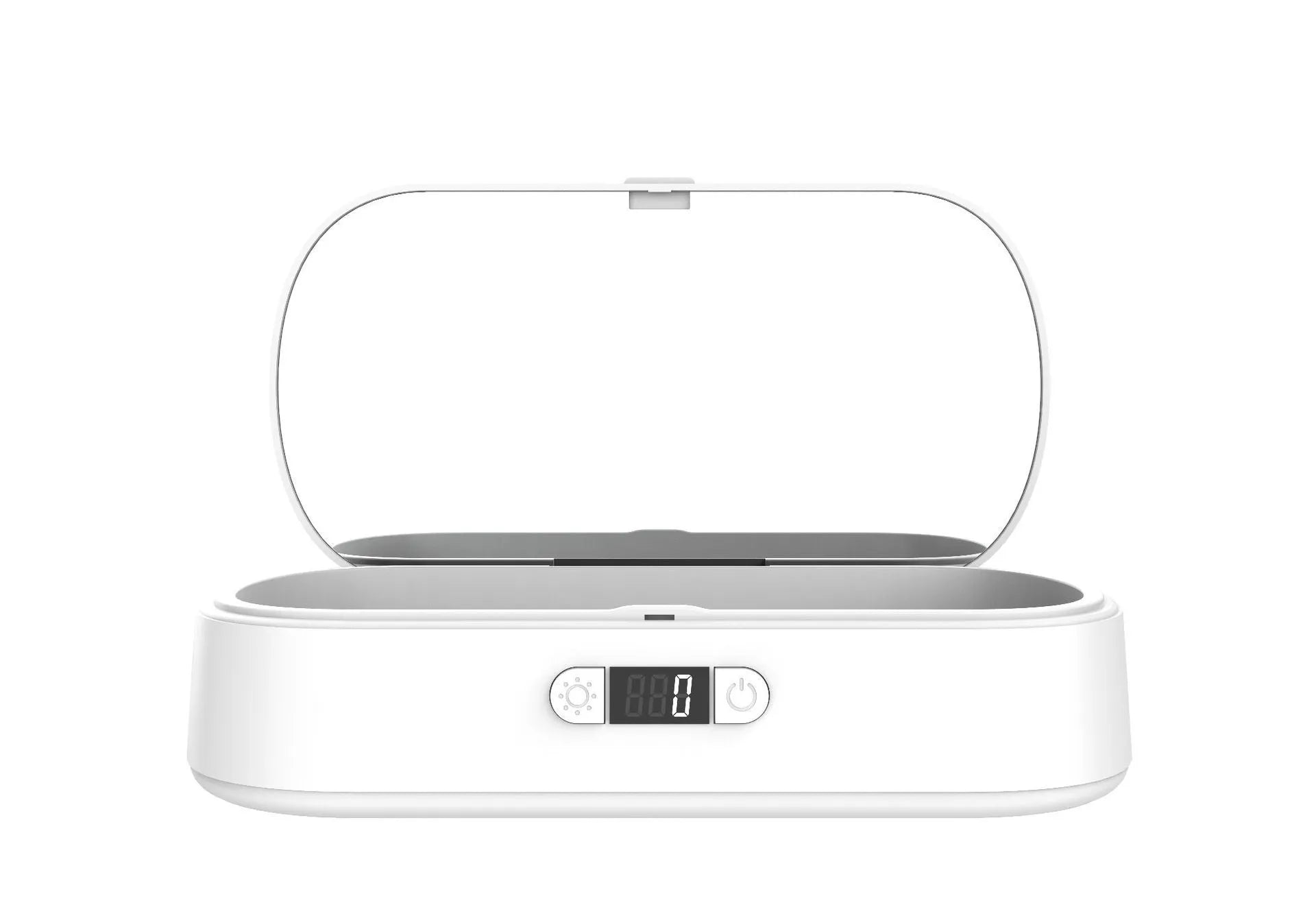 White ABS plastic UV steriliser box with wireless charging for phones and jewellery.