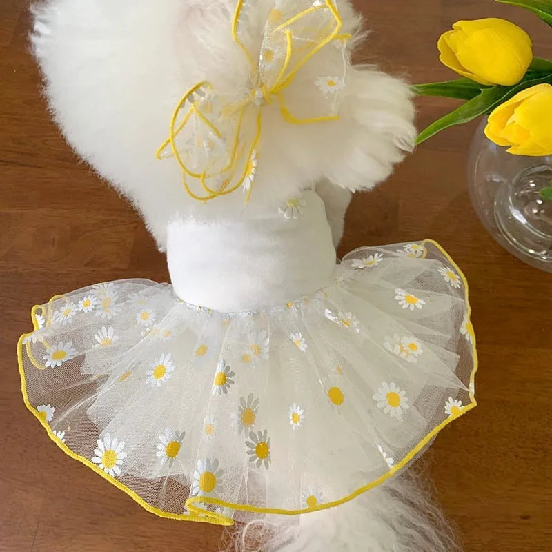 Yellow little daisy patterned thin dog clothes with floral accessories for summer canine wear