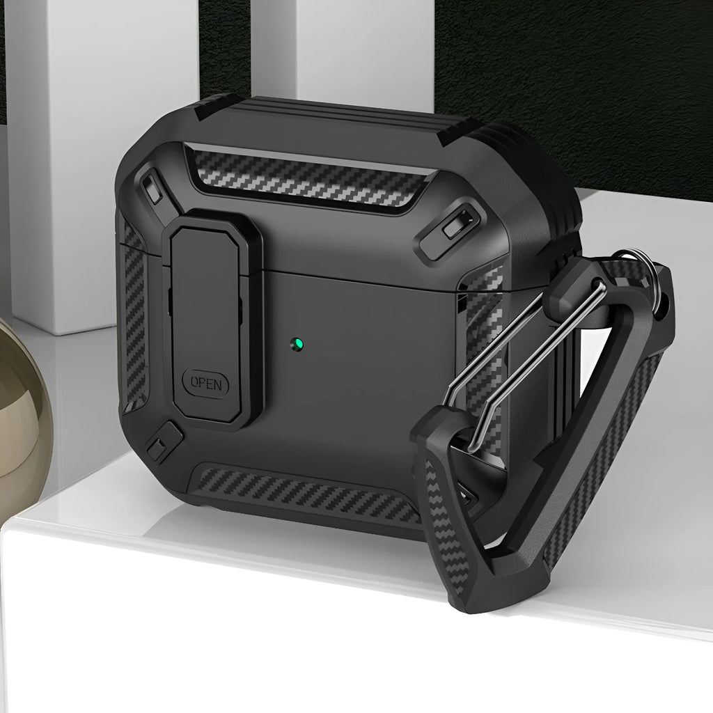 Two-colour clamshell protective case for AirPods with hook attachment