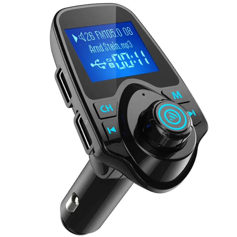Black G7 Bluetooth car FM transmitter and hands-free kit plugged into a car dashboard