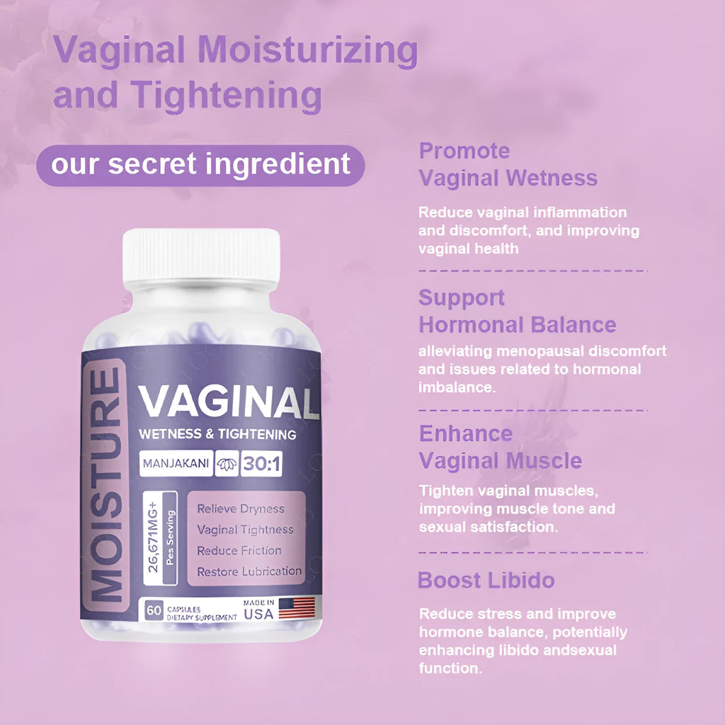 Bottle of 60 vaginal capsule supplements for adult women's intimate health