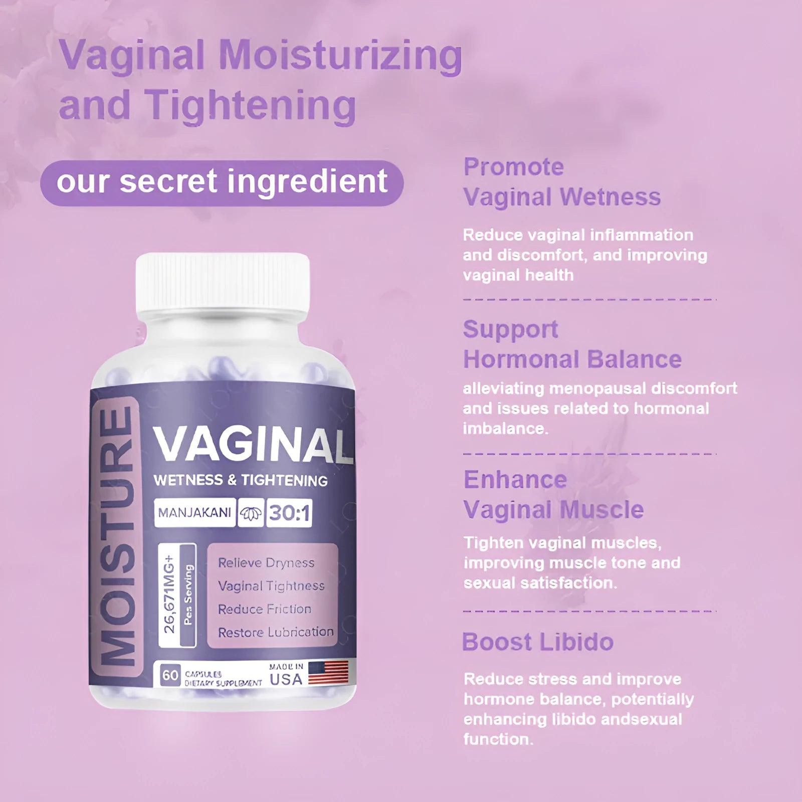 Bottle of 60 vaginal capsule supplements for adult women's intimate health