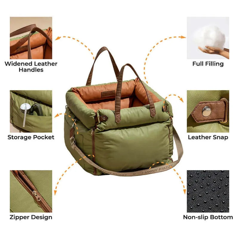 Green waterproof PU faux leather dog car nest with removable cushion, dimensions 55cm by 50cm by 45cm