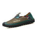 Men's brown mesh casual shoes with round toe and rubber sole on a white background.
