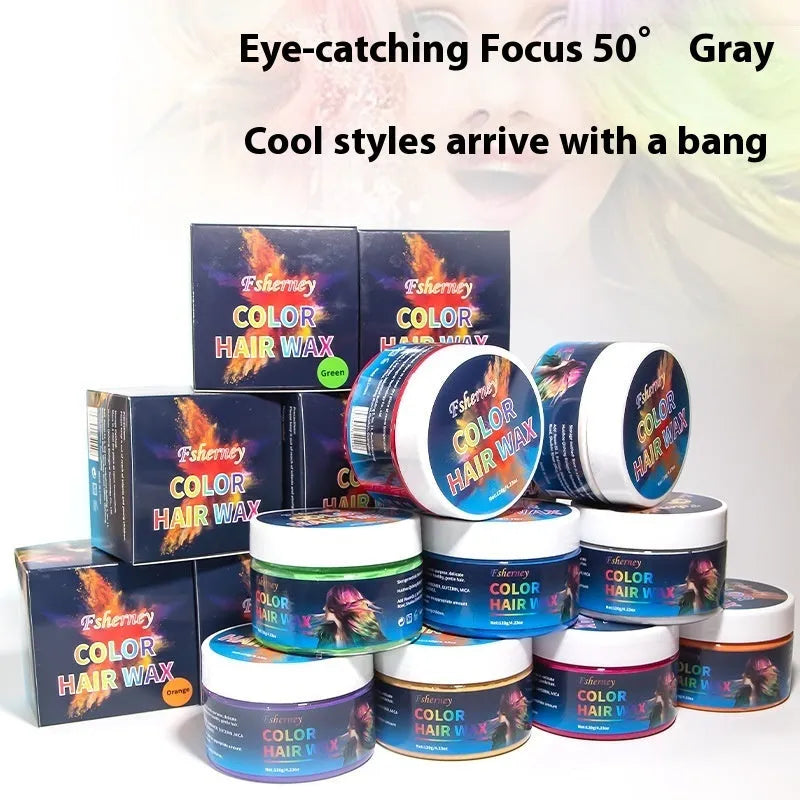120g hair styling clay container showing nine colour options including blue, green, orange, purple, red, white, yellow, rose, and granny grey