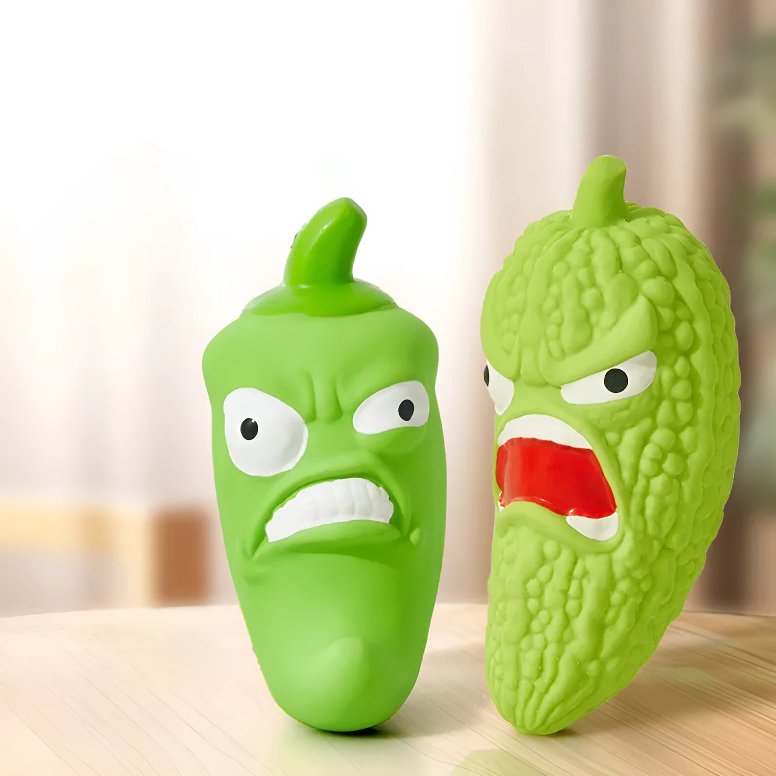 Bitter gourd and chilli shaped dog toys with textured surfaces for chewing and teeth cleaning