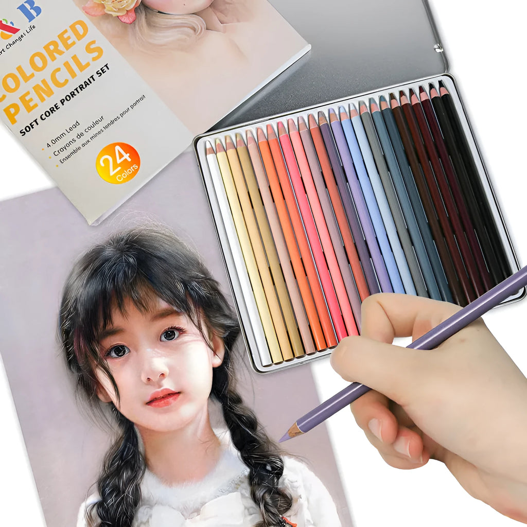 24 colour skin tone art pencils in round metal tin case for portrait drawing