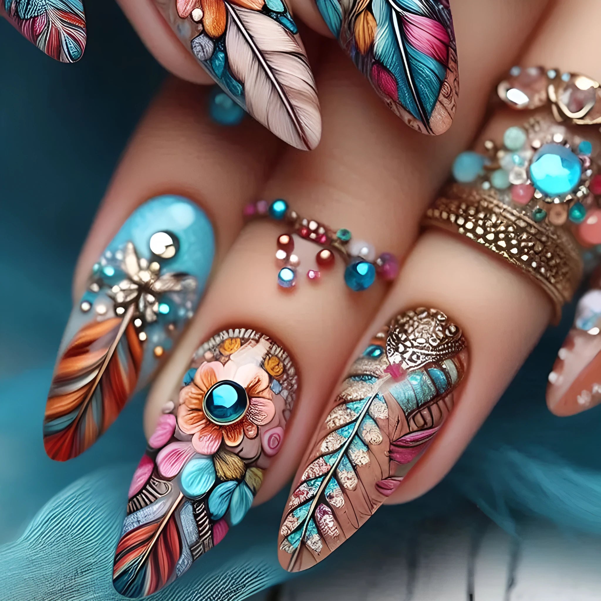 Retro nail art set with coloured plastic feather wear armour in butterfly, flower, and heart patterns