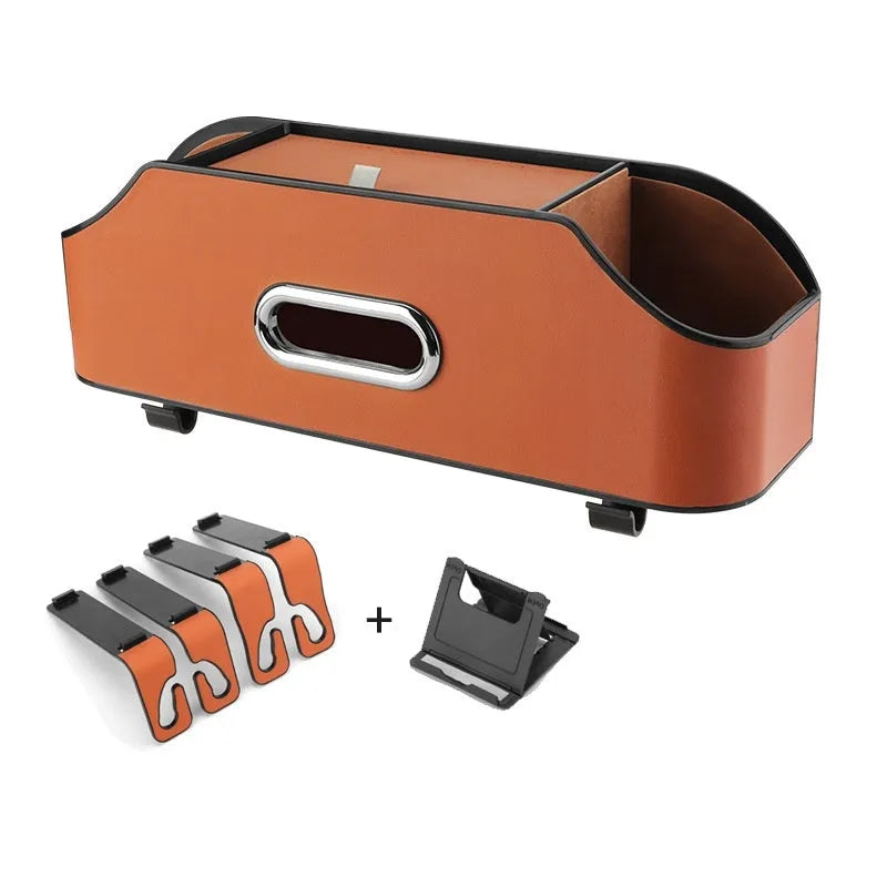 Genuine leather car tissue box with integrated water cup holder in suspended storage configuration
