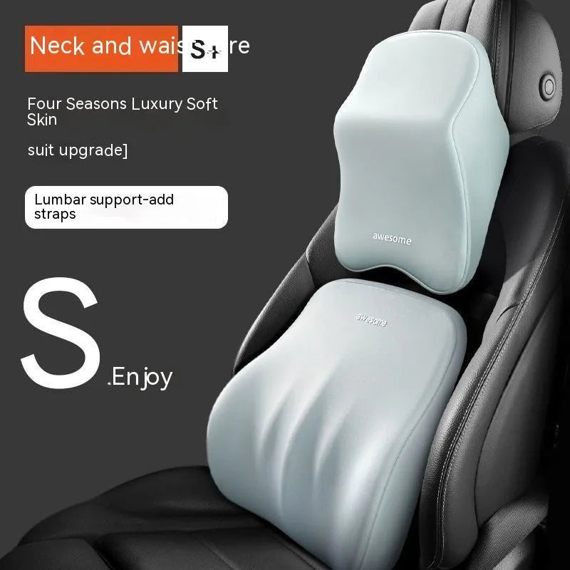 Memory foam automotive headrest pillow and lumbar support pillow set shown in one of four solid colour options.