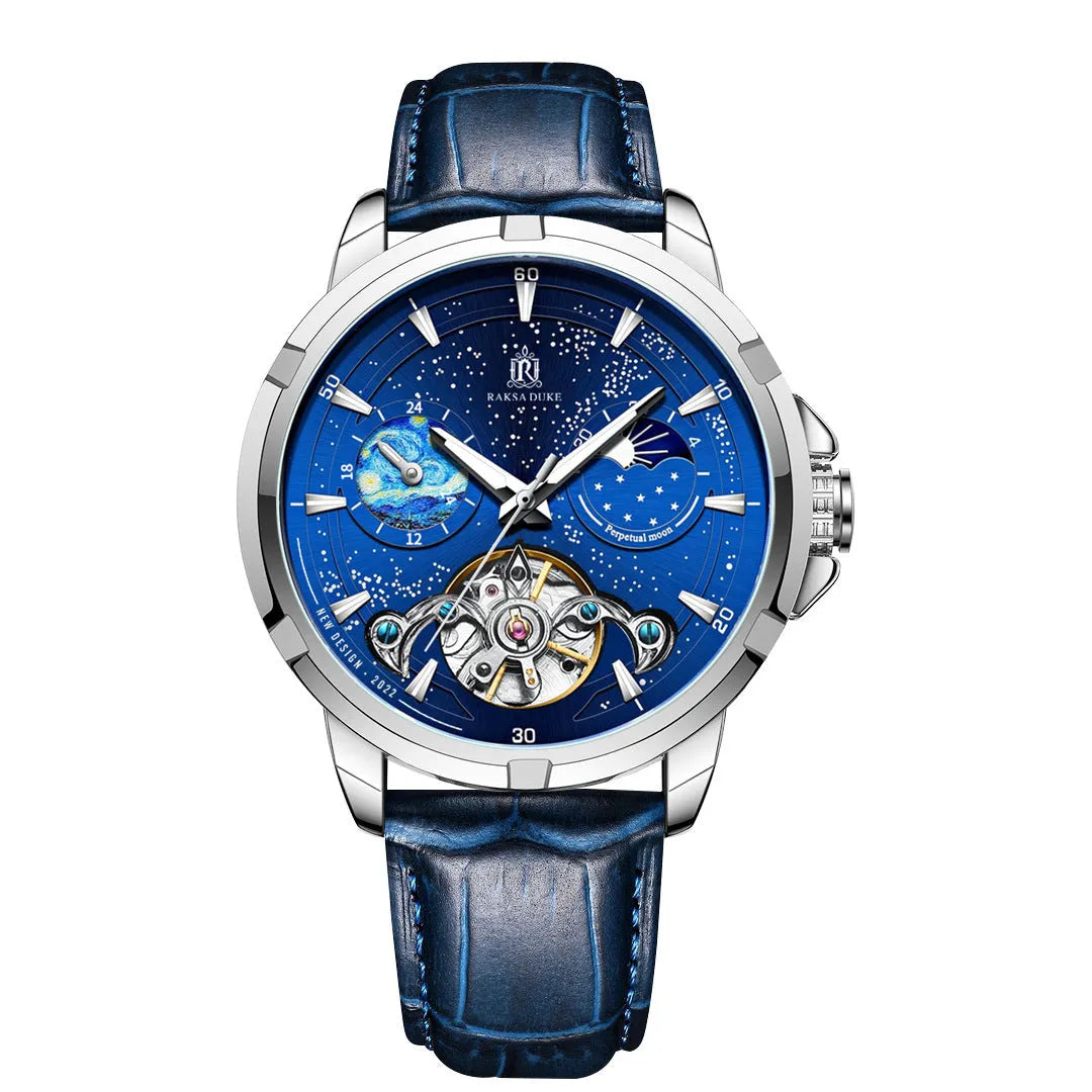 Men's blue dial automatic mechanical watch with stainless steel case