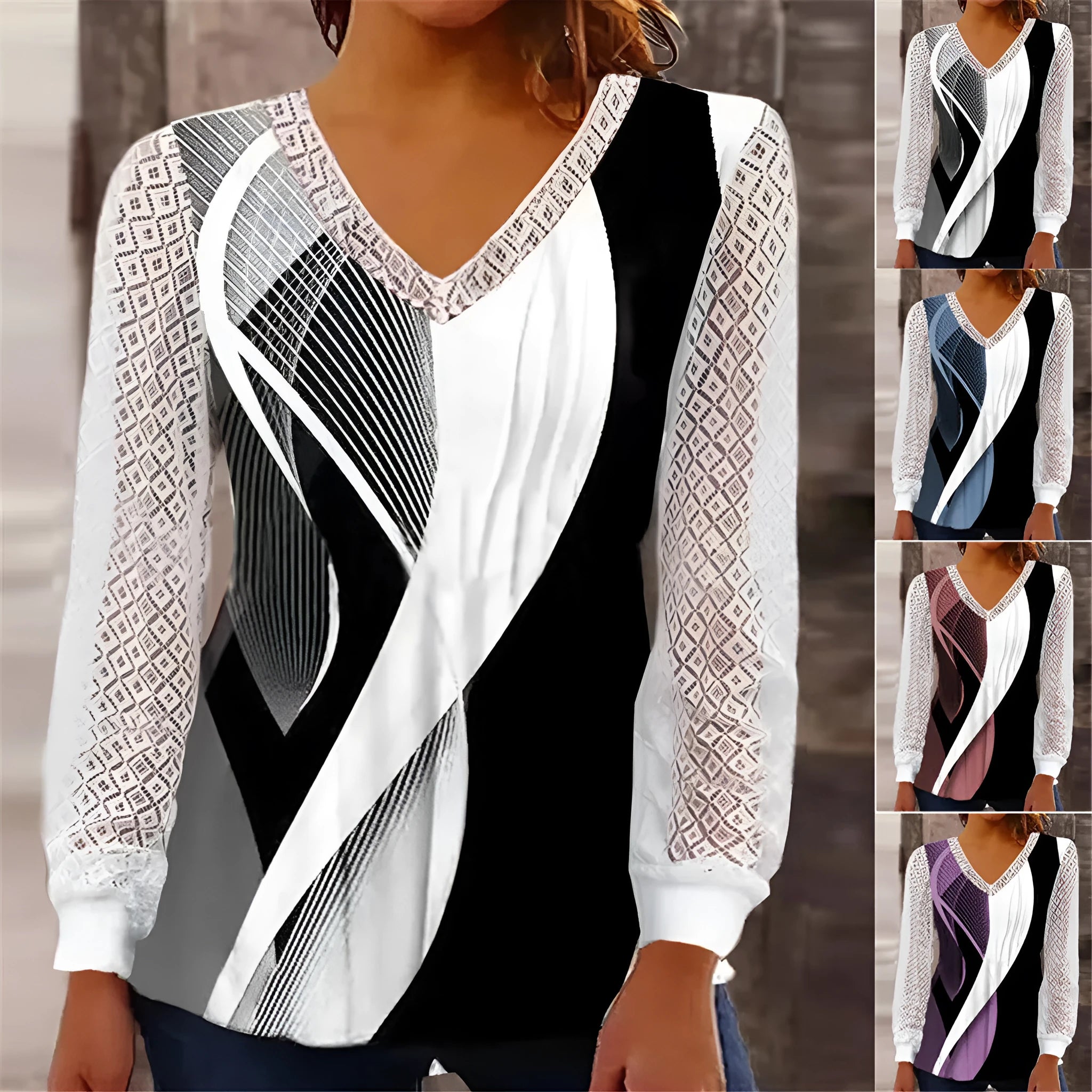 Purple loose V-neck women's top with hollow-out lace pattern and long sleeves.