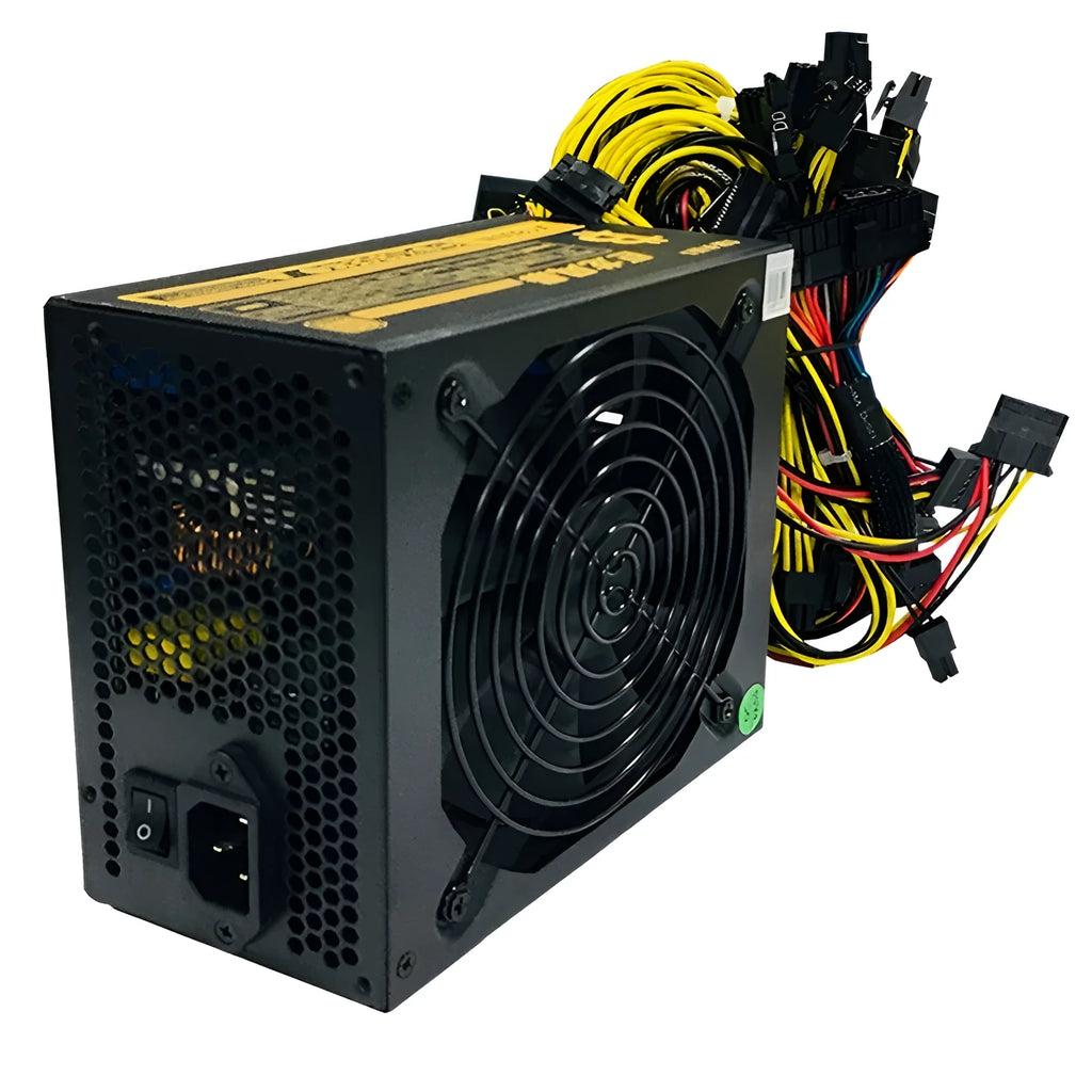 Black ATX server power supply unit with 110V input and multiple 6+2 pin GPU connectors rated up to 2000W