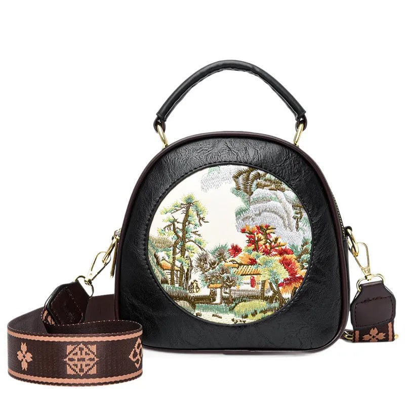 Vintage embroidered PU shoulder bag in beige or black with single strap and pillow shape