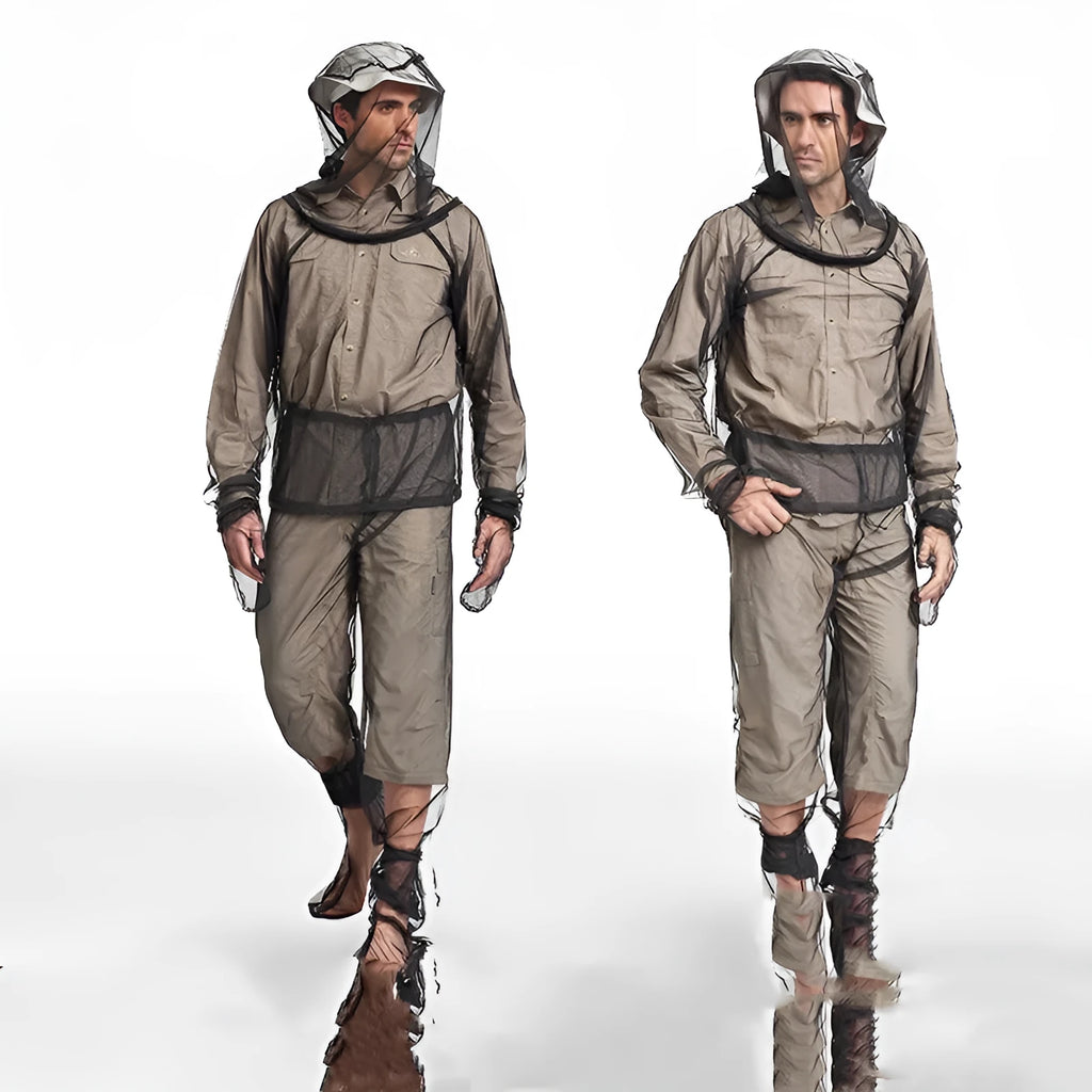 Mosquito protection suit set in mesh fabric, showing hooded top, pants, and booties for outdoor use.