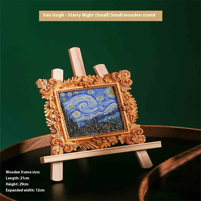 DIY oil painting by numbers kit showing framed Van Gogh Starry Night artwork with brushes and paints