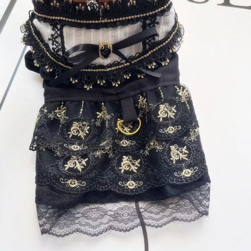 Golden ruffled gothic princess skirt costume being worn by a small dog or cat.