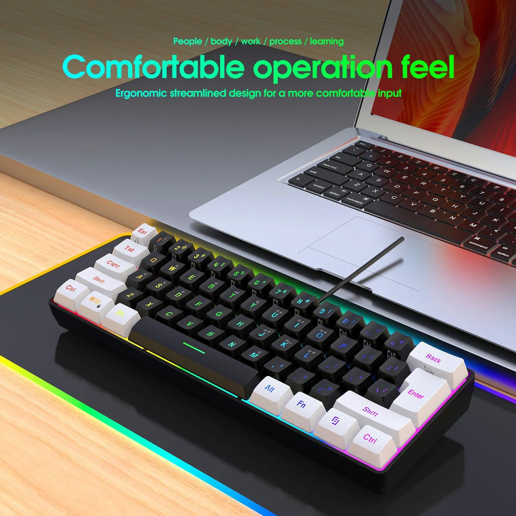 White and black 61 key wired membrane keyboard with compact design on desk