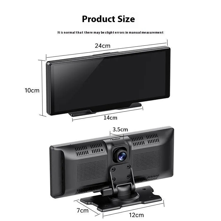 10 inch car smart screen with Carplay, driving recorder, and rear camera on dashboard