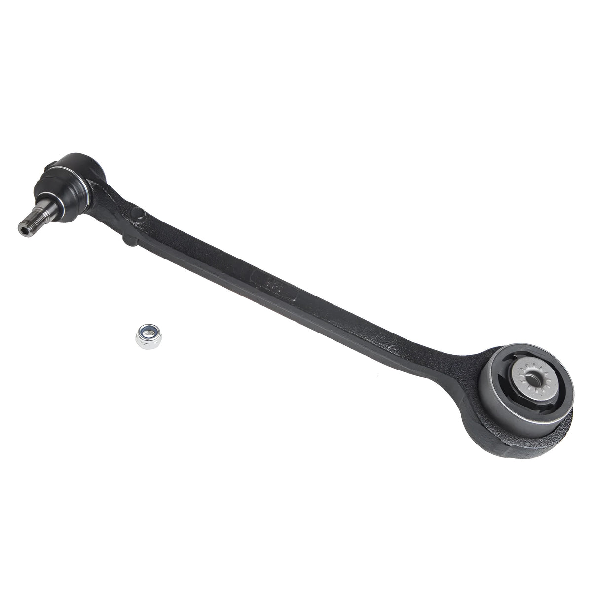 Black automotive swing arm control arm for Chrysler and Dodge vehicle front suspension.