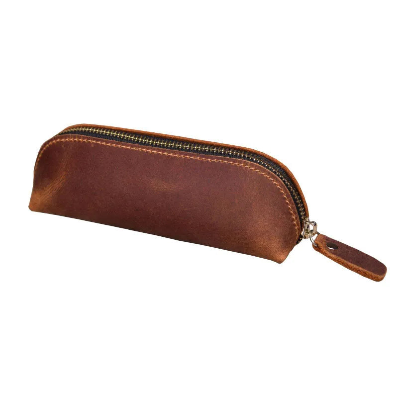 Handmade cowhide leather pencil case with zipper closure in square design