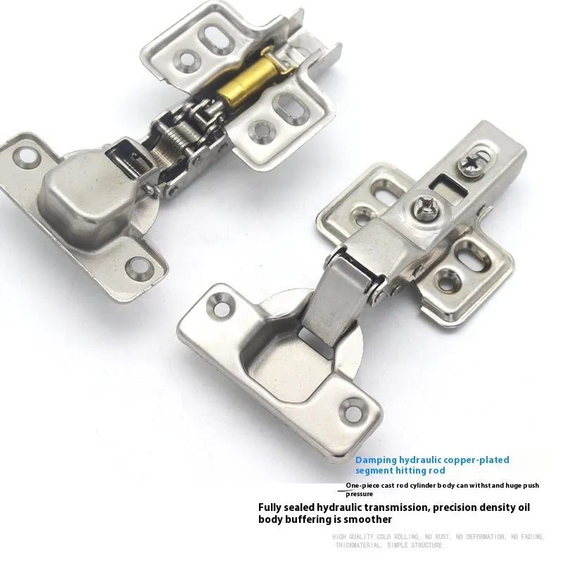 A nickel-plated cold rolled steel hydraulic hinge for cabinets, showing its damping mechanism and bend style.