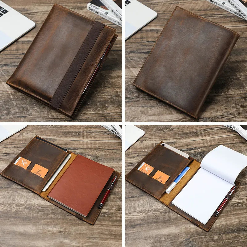 Brown Crazy Horse leather A5 notebook protective sleeve with socket fastening