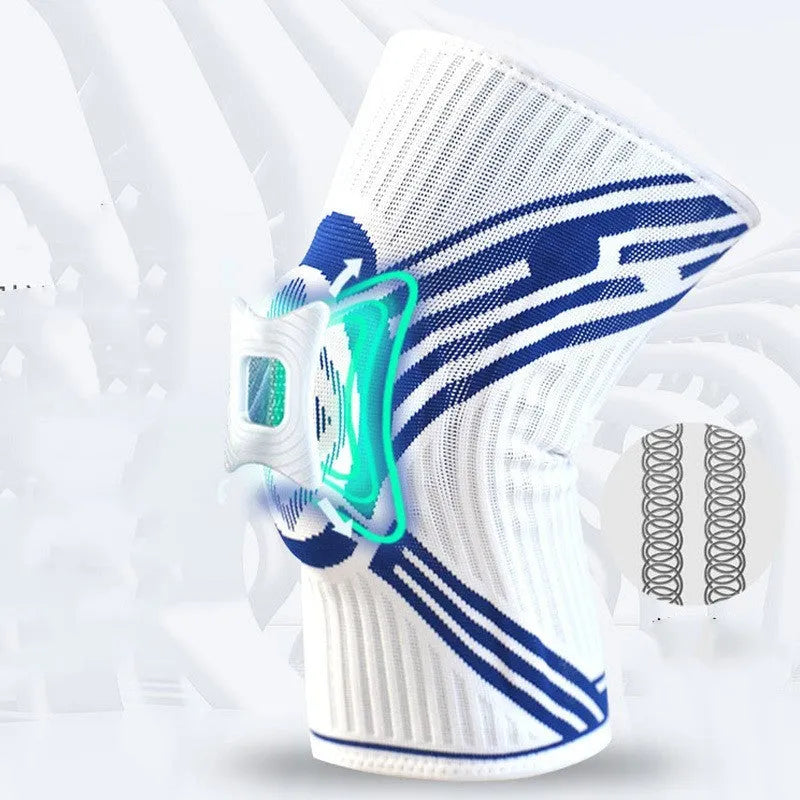 Blue high elasticity cotton knee pad for sports on an adult knee.